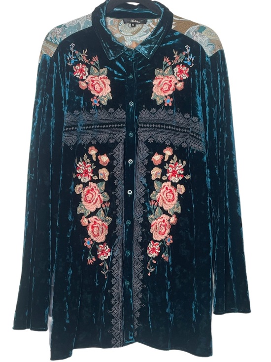 ANDREE BY UNIT Tops - Andree by Unit Teal Velvet Mixed Media Floral Embroidered Tunic Blouse